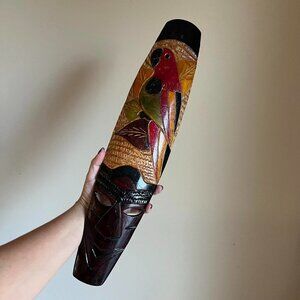 Handcrafted Vintage Wooden Mask with Face and Parrot Motif